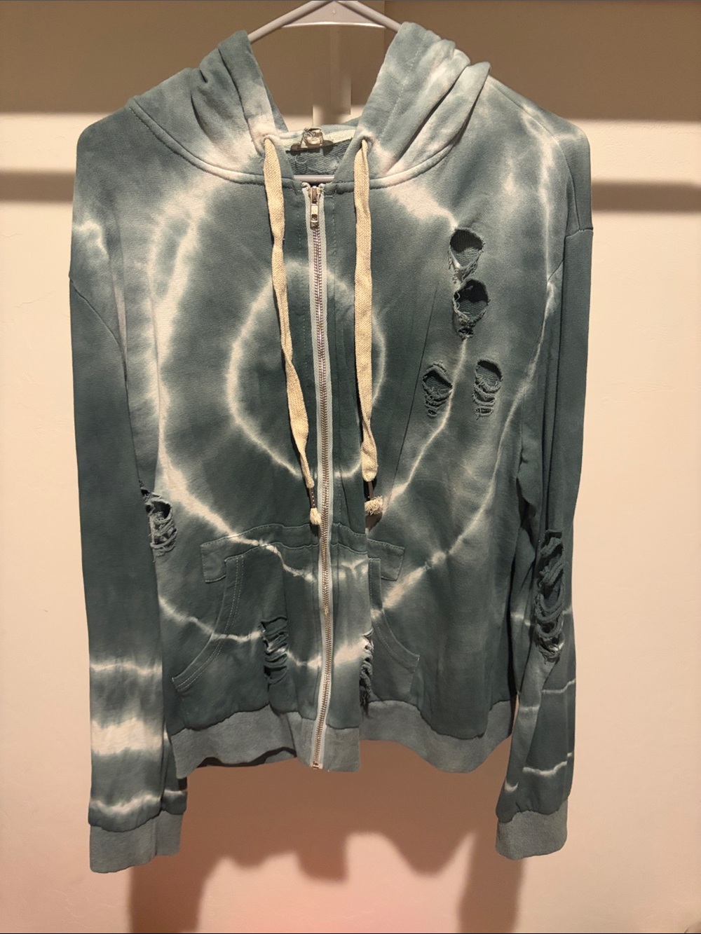POL Light Teal and White Tie-Dye Zip Hoodie